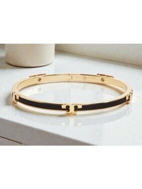 Tory Burch Black & Gold Enamel Serif Bangle Bracelet